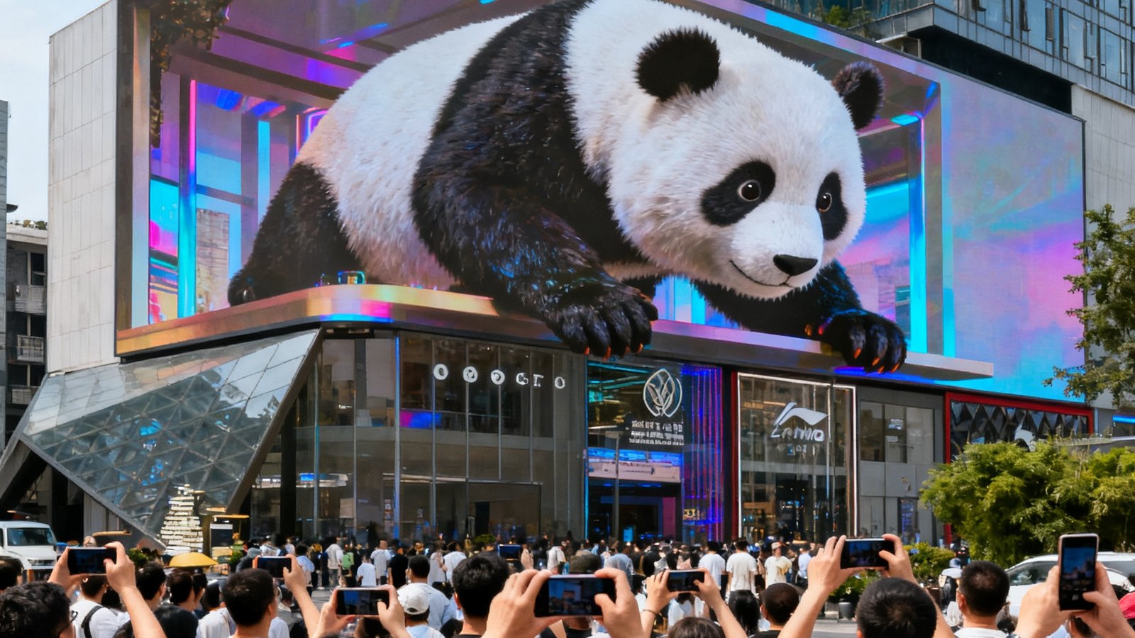 成都春熙路步行街SA视讯裸眼3D大屏白天展示效果，巨型LED屏幕中跃出一只立体大熊猫，游客纷纷举起手机拍摄