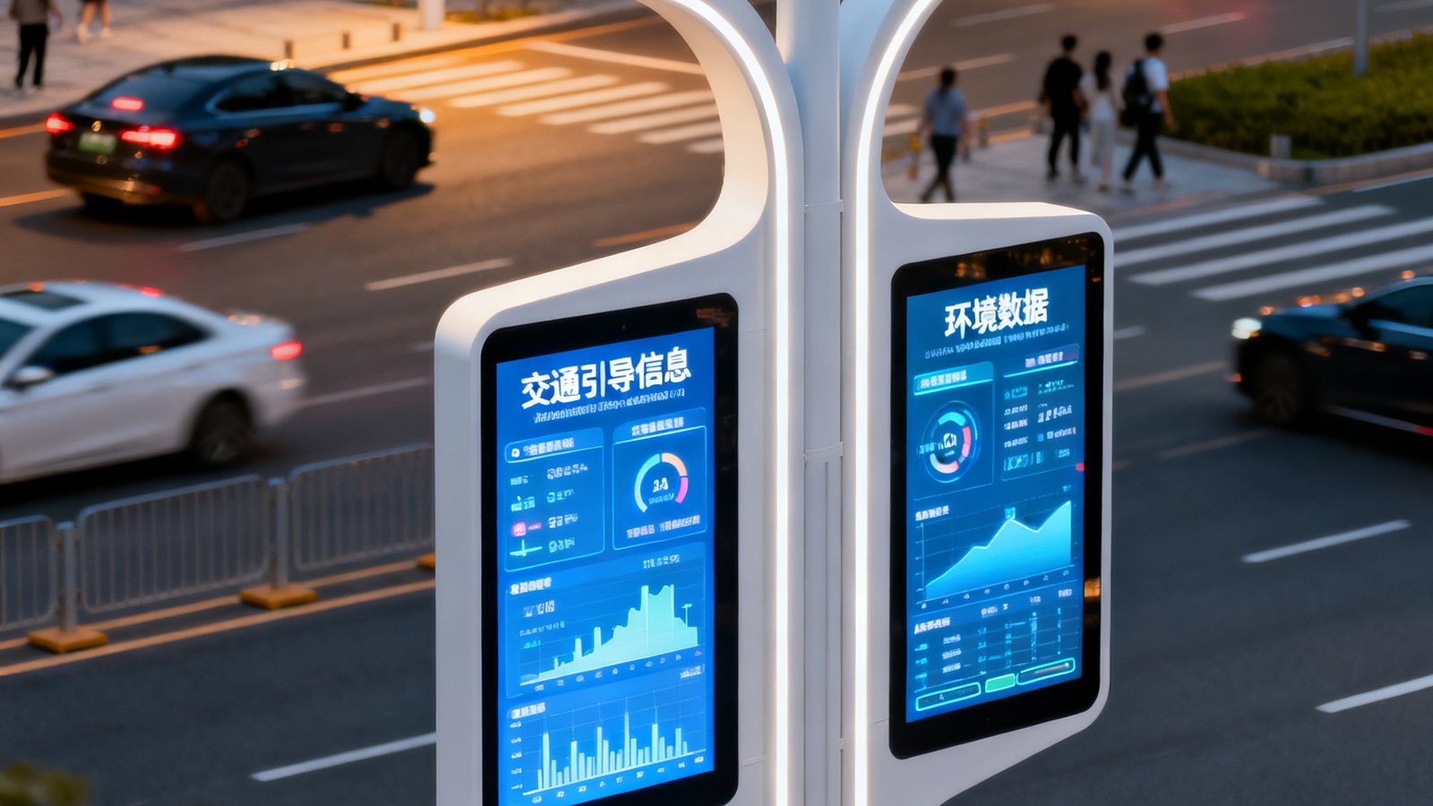 深圳前海合作区主干道两侧安装的SA视讯智慧灯杆屏，双面显示交通引导信息与环境数据，灯杆造型现代简洁