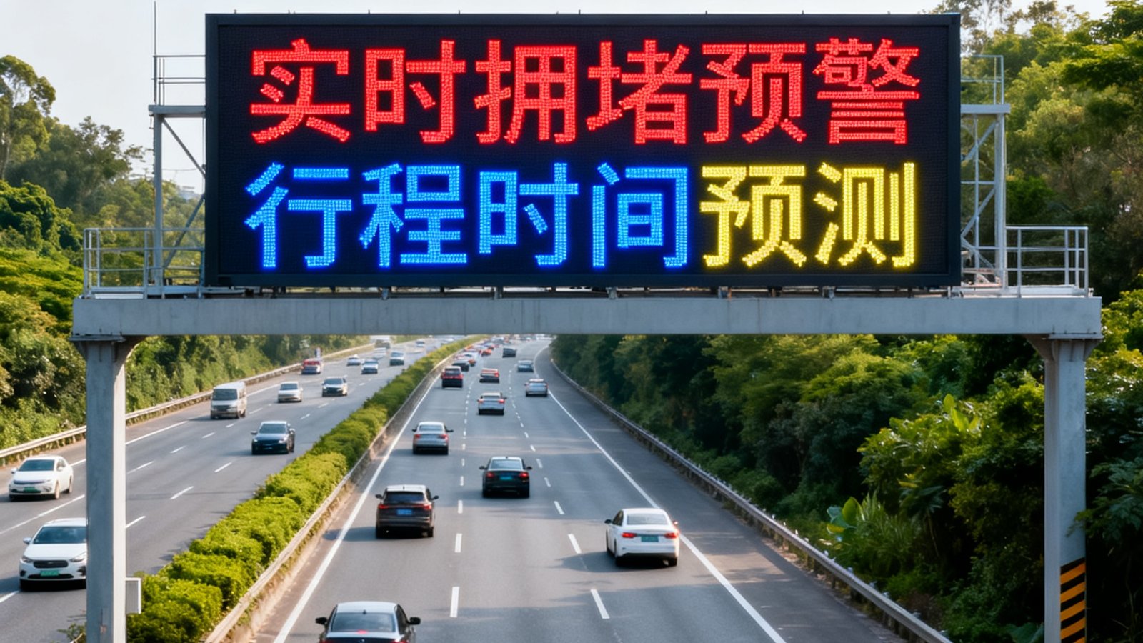 广深高速东莞段门架式交通诱导屏实拍，LED屏显示实时拥堵预警与行程时间预测信息