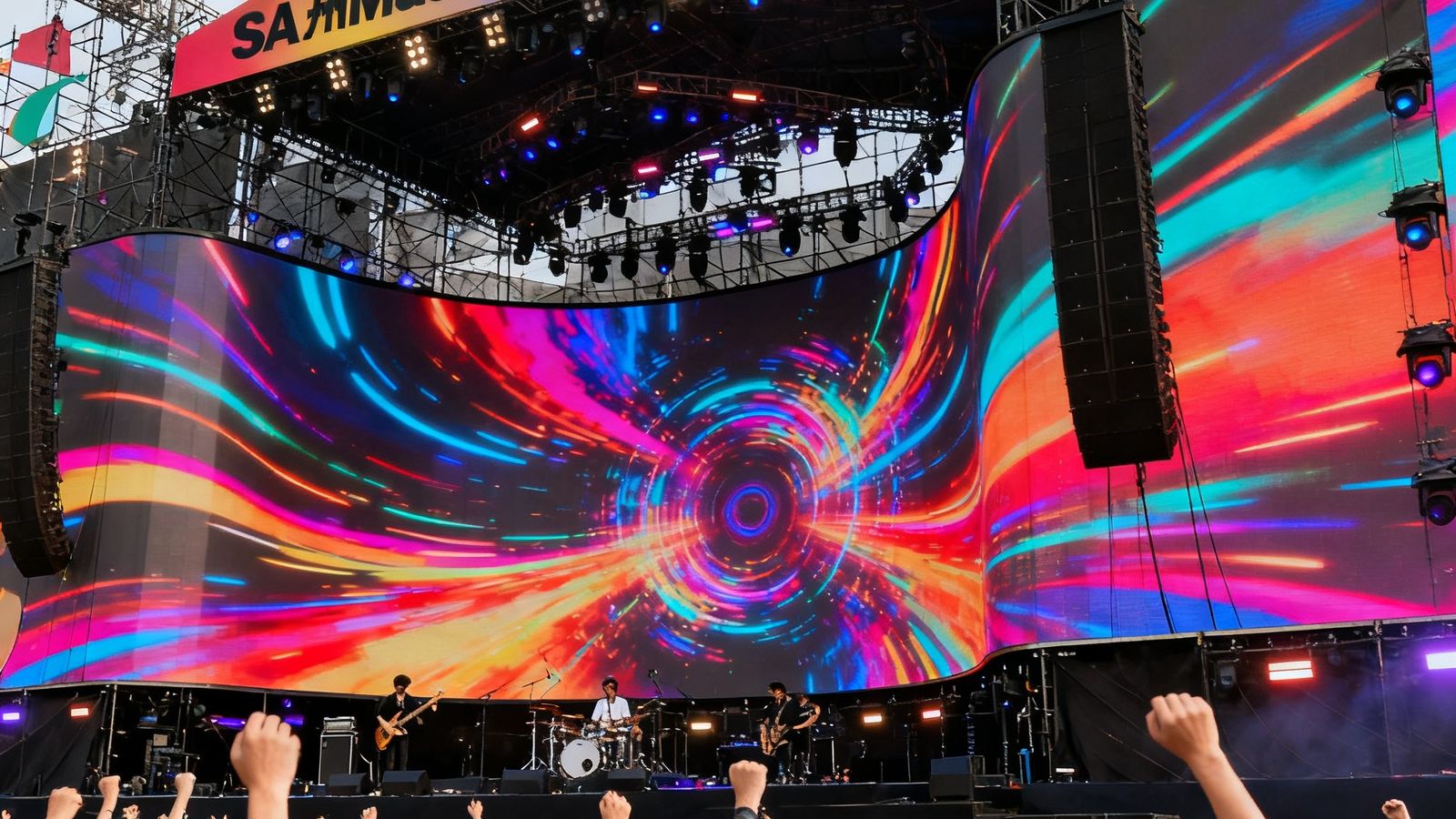 广州草莓音乐节主舞台SA视讯租赁屏现场，80平方米P3.9曲面屏播放动态视觉特效，观众欢呼