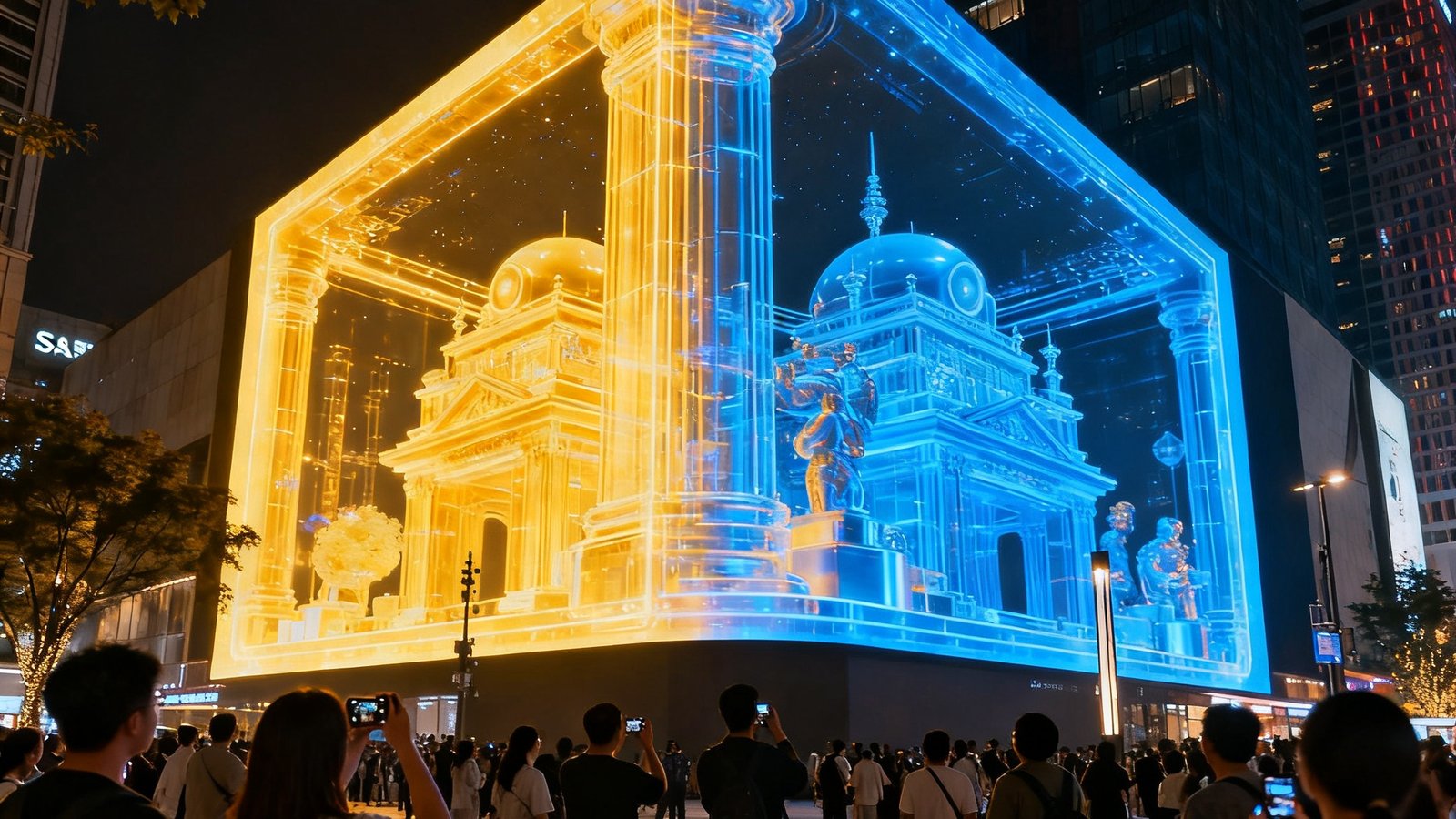 SA视讯打造的成都春熙路裸眼3D大屏夜间展示效果，巨型LED屏幕播放立体视觉内容，吸引大量游客驻足拍照成为网红打卡地标