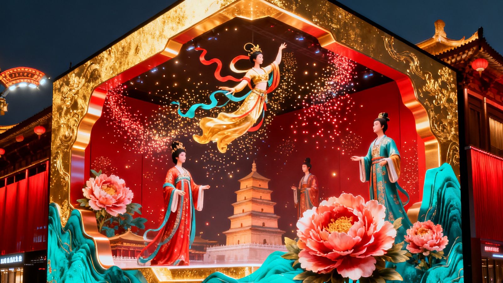 2025年7月SA视讯在西安大唐不夜城落成的裸眼3D大屏，融合盛唐文化元素的视觉特效展示