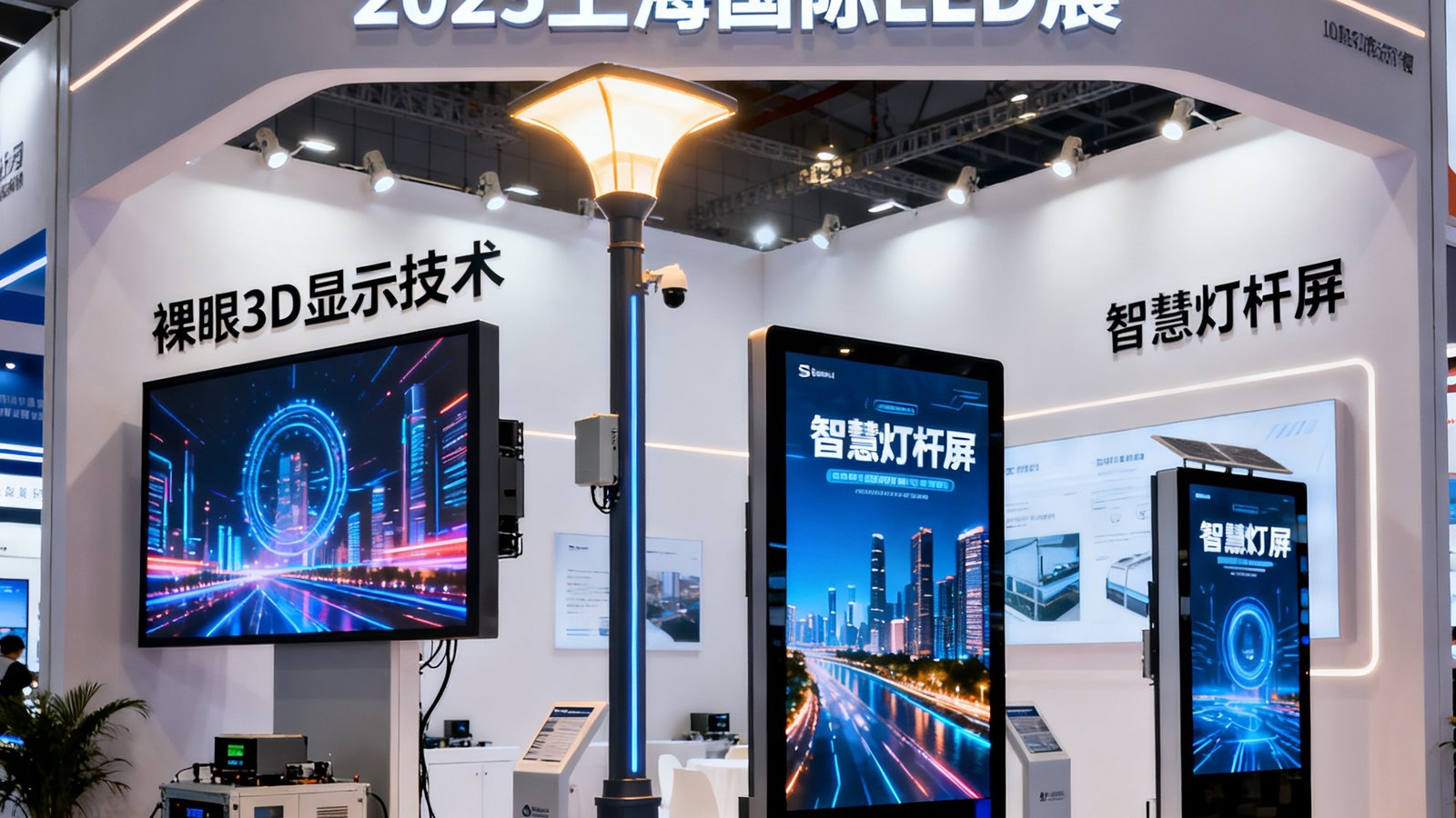 SA视讯在2025年上海国际LED展的展位现场，展示最新裸眼3D显示技术与智慧灯杆屏产品